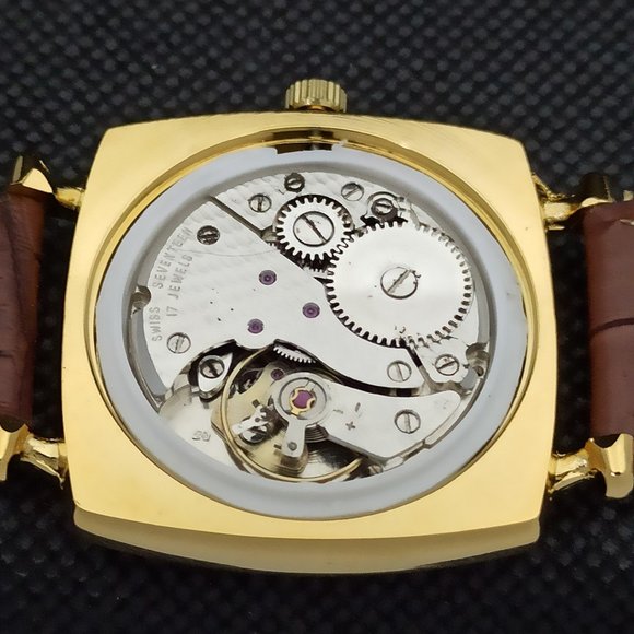 Vintage 1969 Henri Sandoz Mens Gold Watch W/Leather Strap & White Face Brown Acn - Picture 9 of 9